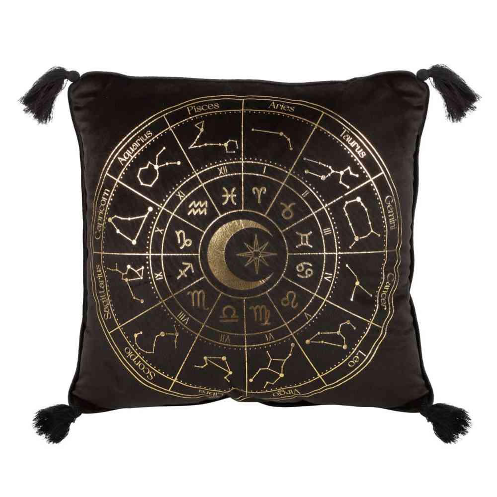 Something Different - 35cm Square Black Astrology Wheel Cushion - Black/Gold coloured